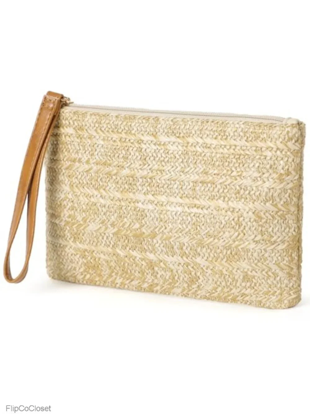 Straw Wristlet Purse Woven Beach Clutch with Zipper, Detachable Chain Strap